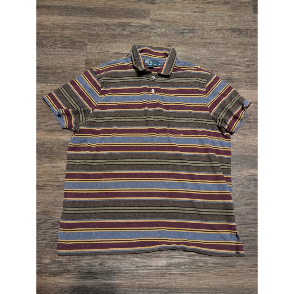 Polo Ralph Lauren Mens XL Striped Short Sleeve Polo Shirt Cotton Brown Burgundy